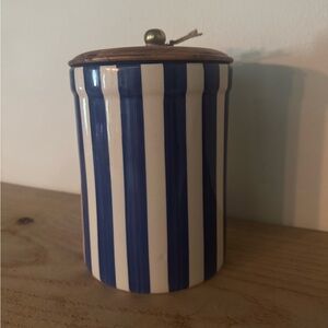 Blue & White Striped Ceramic Canister w/ Wood Lid & Gold Accent – 6.5”